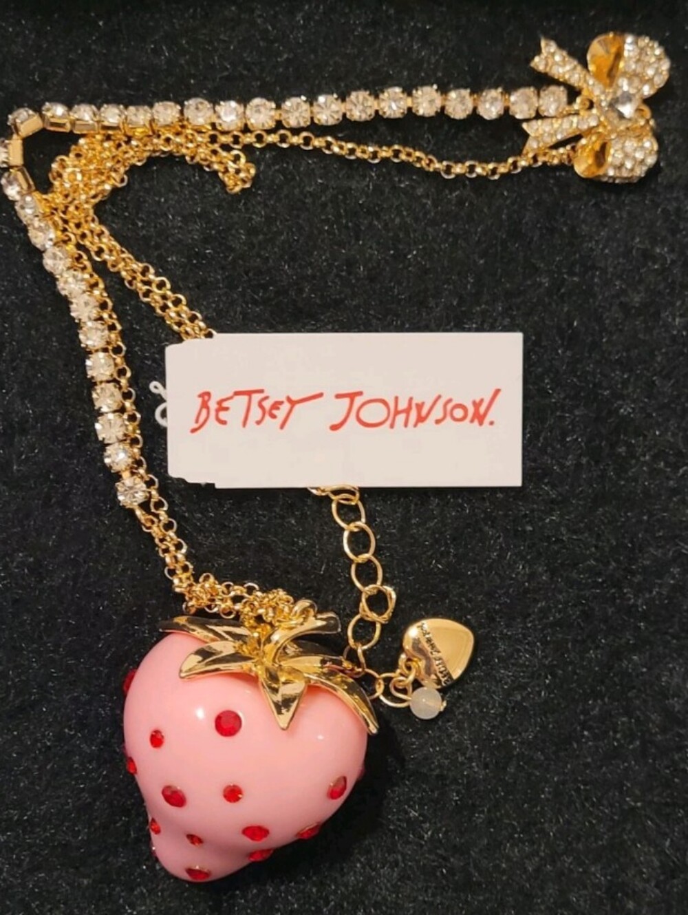 Betsey Johnson Pink Strawberry & Golden Bow Pendant Necklace